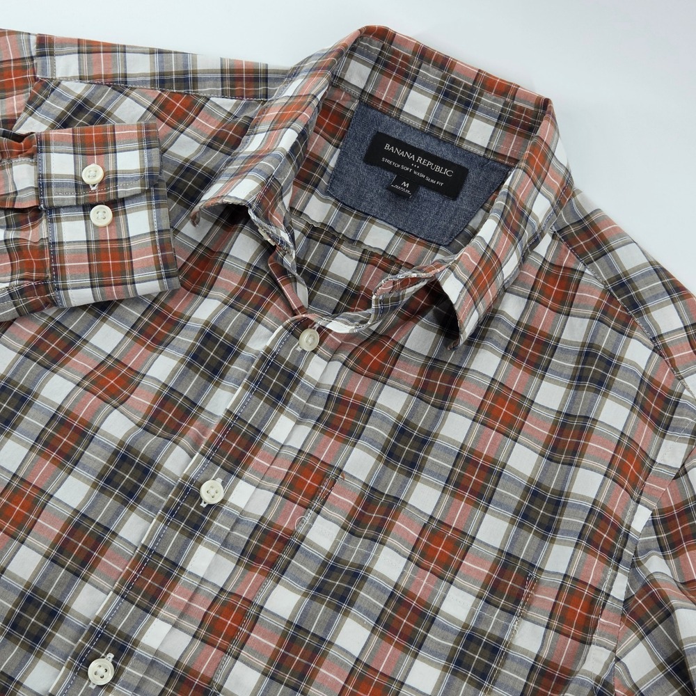 Banana Republic Shirt Mens M Orange Plaid Stretch Soft Wash Slim Fit Long Sleeve
